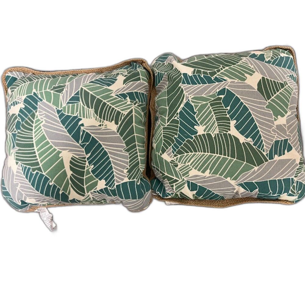 Set 2 Broyhill Aaron Outdoor Pillows Green Cream Botanical Stripe Patio Decor